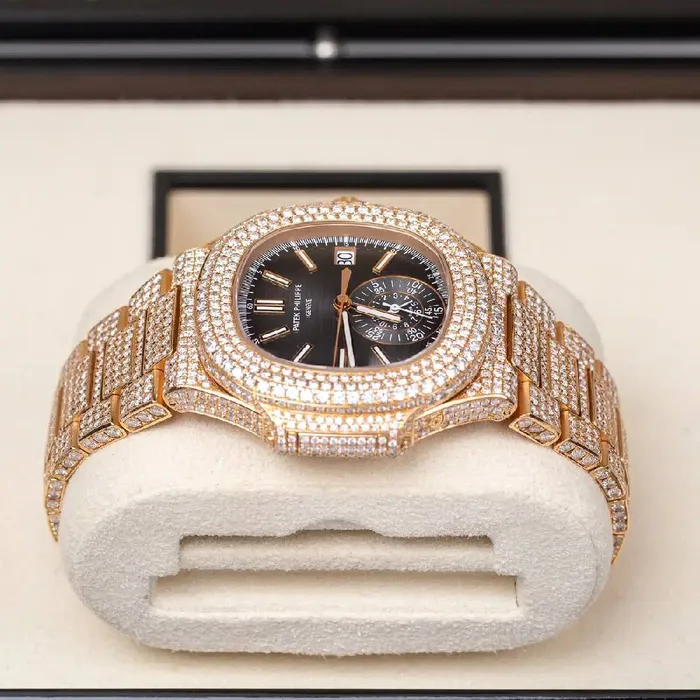 Patek Philippe Bracelets Custom Iced Out Patek Philippe Nautilus 405mm Watch Ref 59801R Black Dial Diamond Case 18K Rose Gold Diamond Bracelet