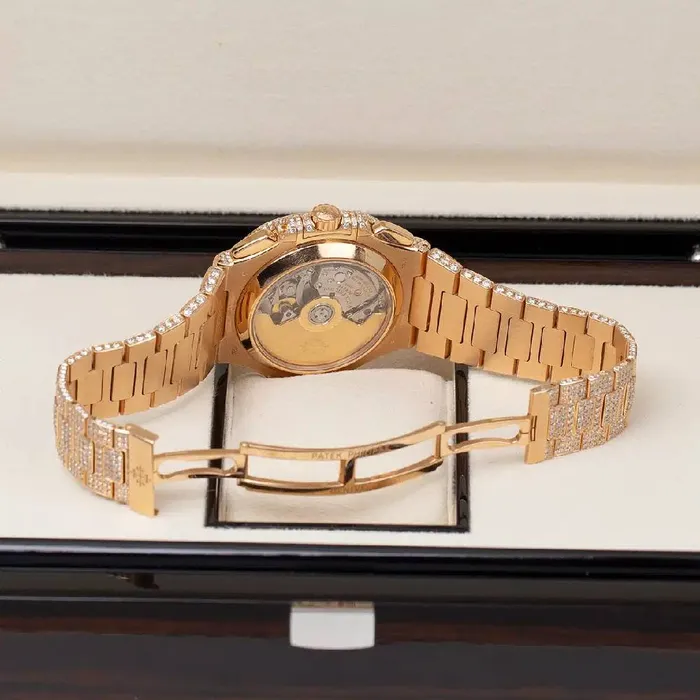 Patek Philippe Bracelets Custom Iced Out Patek Philippe Nautilus 405mm Watch Ref 59801R Black Dial Diamond Case 18K Rose Gold Diamond Bracelet