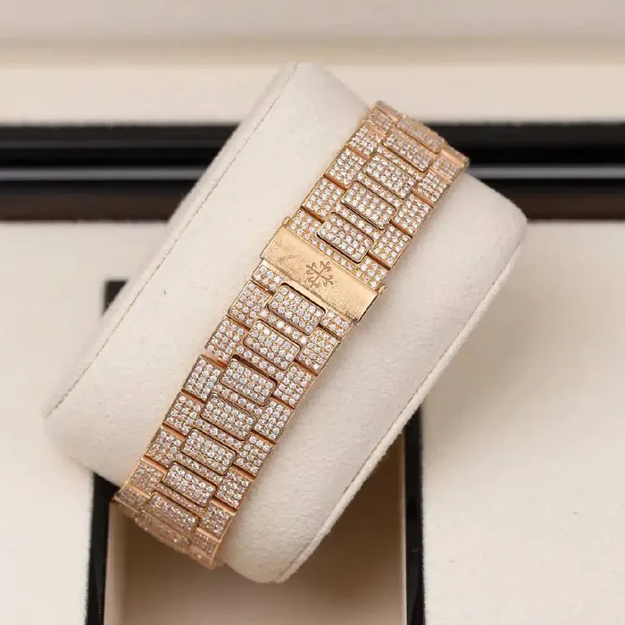 Patek Philippe Bracelets Custom Iced Out Patek Philippe Nautilus 405mm Watch Ref 59801R Black Dial Diamond Case 18K Rose Gold Diamond Bracelet