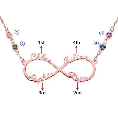 Personalized Silver Infinity Necklace with 4 Custom Names and Birthstones Perfect Gift for Mothers Day Belbren Necklaces