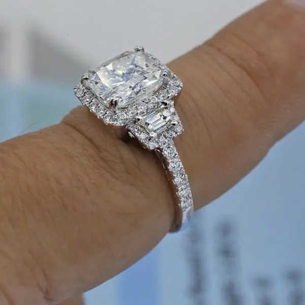 Rings Unique Halo Diamond Engagement Ring Set in 18K White Gold 421ct tw Radiant Cut Round Brilliant Trapezoid Cut Natural Diamonds Diamond Source NYC