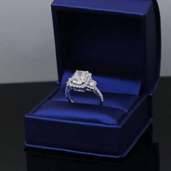 Rings Unique Halo Diamond Engagement Ring Set in 18K White Gold 421ct tw Radiant Cut Round Brilliant Trapezoid Cut Natural Diamonds Diamond Source NYC