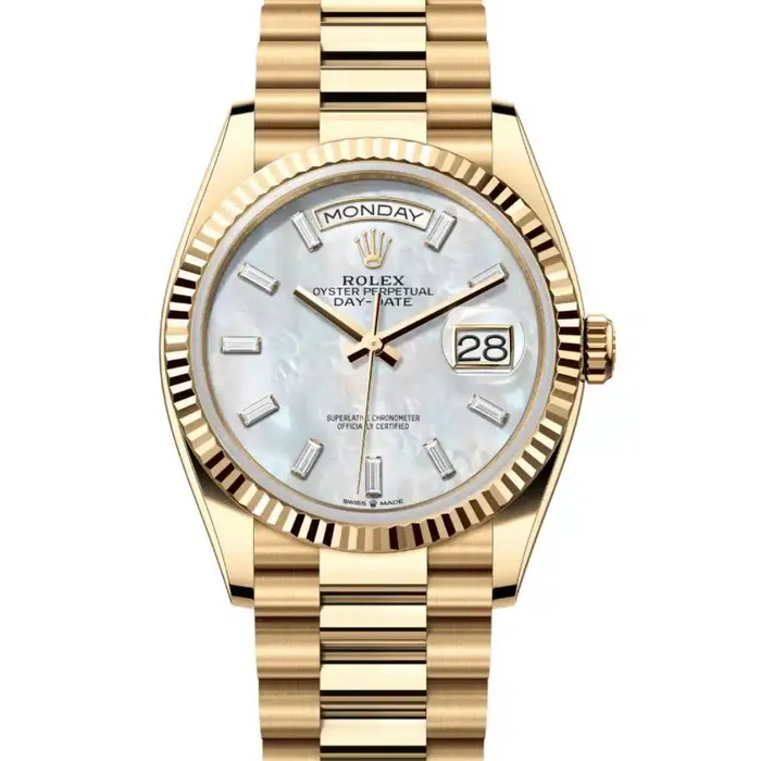 Rolex Bracelets 2024 Release Rolex DayDate 36mm Ref 1282380123 White Mother of Pearl Dial Diamond Bezel 18K Yellow Gold Presidential Bracelet Watch