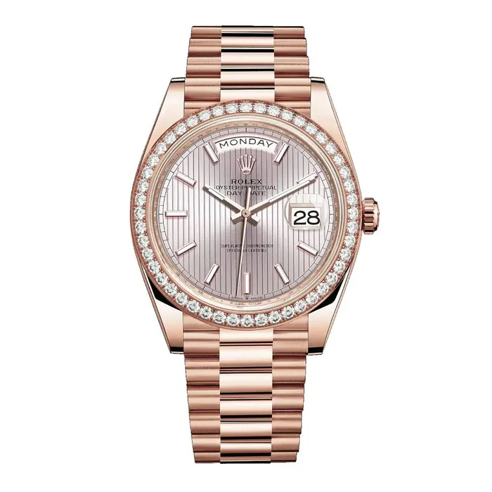 Rolex Bracelets Rolex Day Date 40mm Ref 228345rbr0010 Sundust Stripe Motif Stick Dial Diamond Bezel 18K Rose Gold President Bracelet Mens Watch Rolex Bracelets Rolex Day Date 40mm Ref 228345rbr0010 Sundust Stripe Motif Stick Dial Diamond Bezel 18K Rose Gold President Bracelet Mens Watch