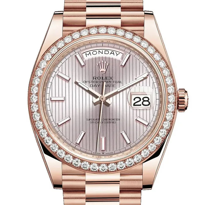 Rolex Bracelets Rolex Day Date 40mm Ref 228345rbr0010 Sundust Stripe Motif Stick Dial Diamond Bezel 18K Rose Gold President Bracelet Mens Watch
