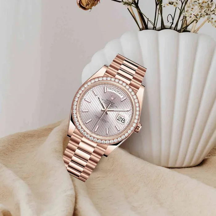 Rolex Bracelets Rolex Day Date 40mm Ref 228345rbr0010 Sundust Stripe Motif Stick Dial Diamond Bezel 18K Rose Gold President Bracelet Mens Watch