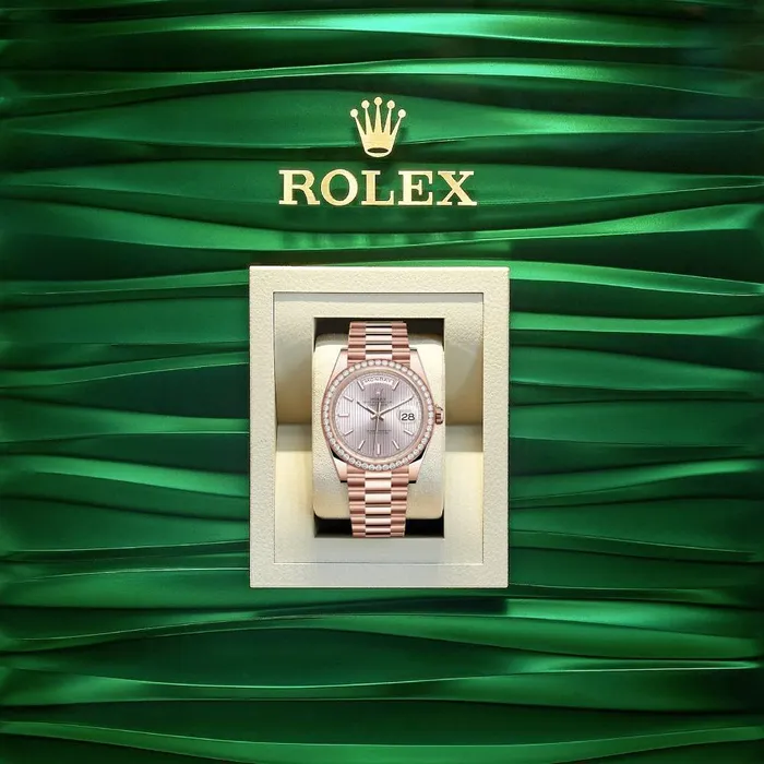 Rolex Bracelets Rolex Day Date 40mm Ref 228345rbr0010 Sundust Stripe Motif Stick Dial Diamond Bezel 18K Rose Gold President Bracelet Mens Watch