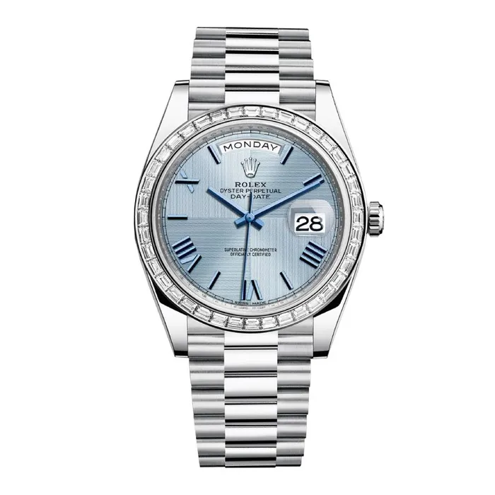 Rolex Bracelets Rolex Day Date 40mm Ref 228396tbr0004 Ice Blue Quadrant Motif Roman Dial Diamond Bezel Platinum President Bracelet Mens Watch Rolex Bracelets Rolex Day Date 40mm Ref 228396tbr0004 Ice Blue Quadrant Motif Roman Dial Diamond Bezel Platinum President Bracelet Mens Watch