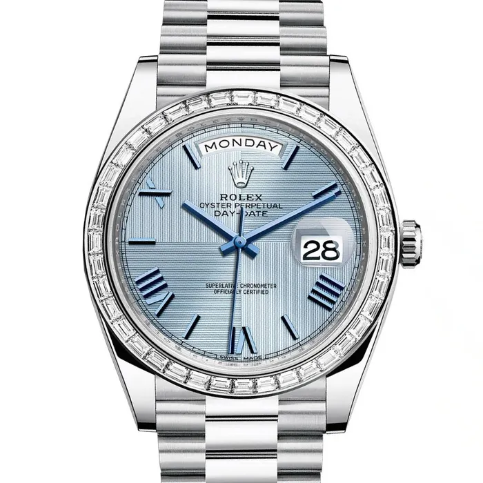 Rolex Bracelets Rolex Day Date 40mm Ref 228396tbr0004 Ice Blue Quadrant Motif Roman Dial Diamond Bezel Platinum President Bracelet Mens Watch