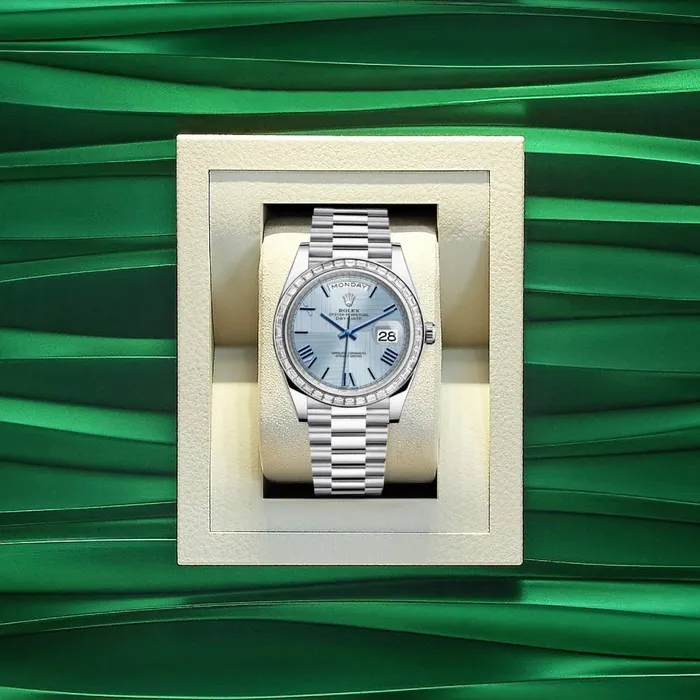 Rolex Bracelets Rolex Day Date 40mm Ref 228396tbr0004 Ice Blue Quadrant Motif Roman Dial Diamond Bezel Platinum President Bracelet Mens Watch