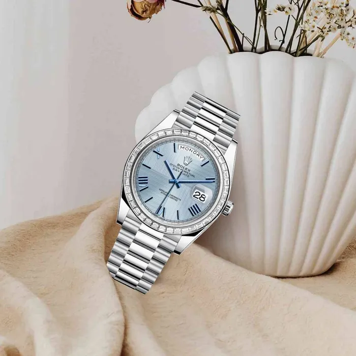 Rolex Bracelets Rolex Day Date 40mm Ref 228396tbr0004 Ice Blue Quadrant Motif Roman Dial Diamond Bezel Platinum President Bracelet Mens Watch