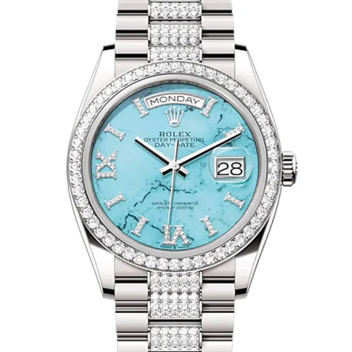 Rolex Day Date 36mm Ref 128349RBR Tiffany Blue Turquoise Diamond Dial Diamond Bezel 18K White Gold Diamonds President Bracelet Watch Rolex Bracelets