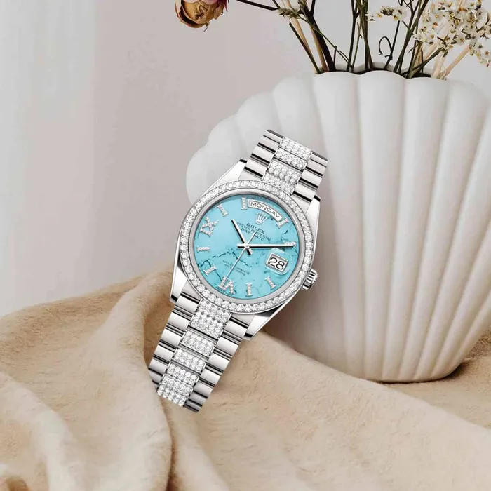 Rolex Day Date 36mm Ref 128349RBR Tiffany Blue Turquoise Diamond Dial Diamond Bezel 18K White Gold Diamonds President Bracelet Watch Rolex Bracelets