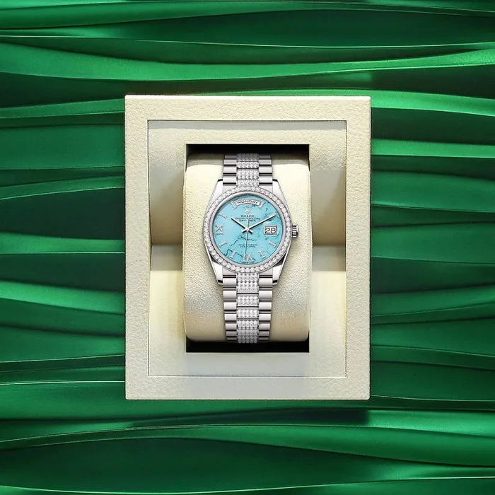 Rolex Day Date 36mm Ref 128349RBR Tiffany Blue Turquoise Diamond Dial Diamond Bezel 18K White Gold Diamonds President Bracelet Watch Rolex Bracelets
