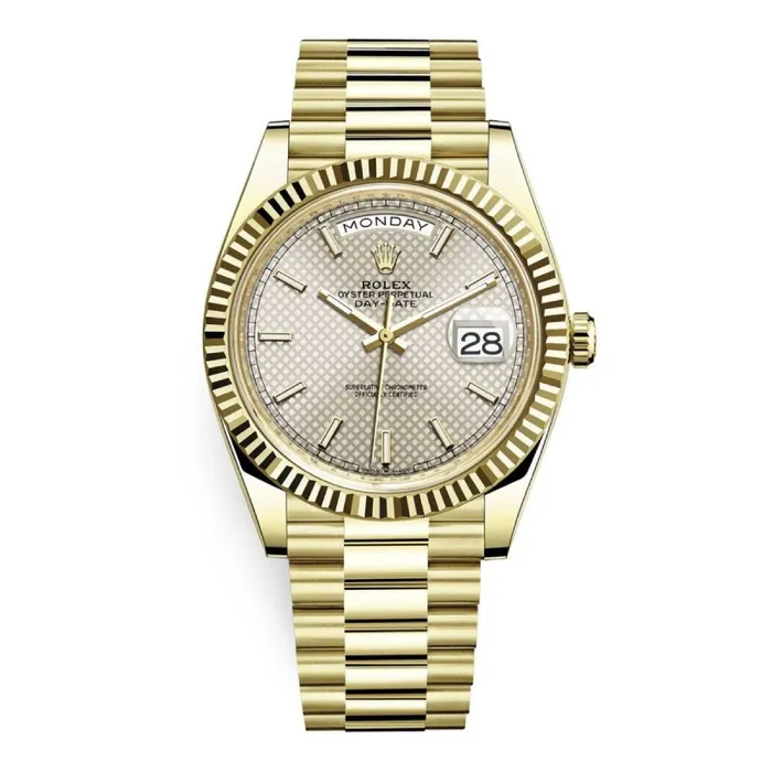 Rolex Day Date 40mm Ref 2282380008 Silver Diagonal Motif Stick Dial Fluted Bezel 18K Yellow Gold President Bracelet Mens Watch Rolex Bracelets Rolex Day Date 40mm Ref 2282380008 Silver Diagonal Motif Stick Dial Fluted Bezel 18K Yellow Gold President Bracelet Mens Watch Rolex Bracelets
