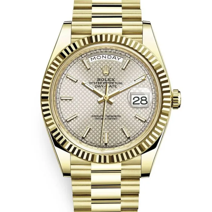 Rolex Day Date 40mm Ref 2282380008 Silver Diagonal Motif Stick Dial Fluted Bezel 18K Yellow Gold President Bracelet Mens Watch Rolex Bracelets