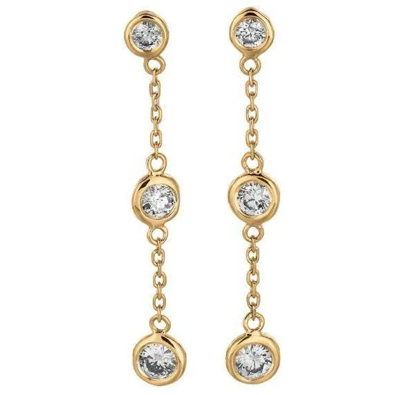 Earrings Drop Down Bezel Earrings Round Brilliant Natural Earth Mined Diamond 2 Ct Yellow Gold 14K GB