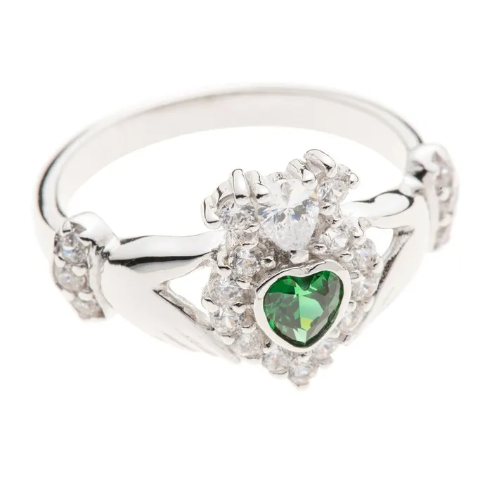 Galway Rings Galway Green Crystal Sparkle Claddagh Ring Rhodium Plated Sterling Silver Galway Rings Galway Green Crystal Sparkle Claddagh Ring Rhodium Plated Sterling Silver