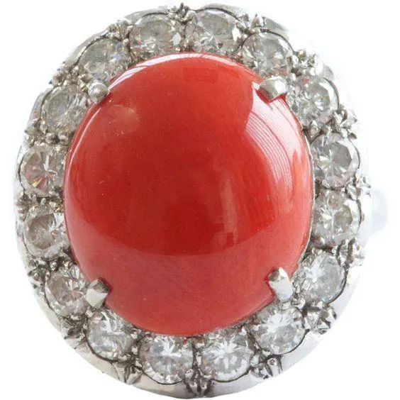 GB 1125 Ct Round Cut Red Coral And Natural Earth Mined Diamonds Wedding Ring 14K Gold Rings