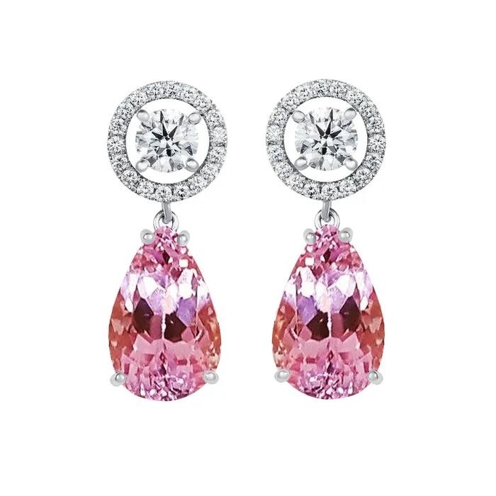 GB Earrings 3350 Ct Pink Kunzite And Natural Earth Mined Diamonds Lady Dangle Earrings 14K Gold GB Earrings 3350 Ct Pink Kunzite And Natural Earth Mined Diamonds Lady Dangle Earrings 14K Gold