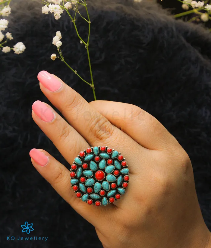 Gemstone Rings The Prisha Silver Gemstone Cocktail FingerringCoralTurquoise Gemstone Rings The Prisha Silver Gemstone Cocktail FingerringCoralTurquoise