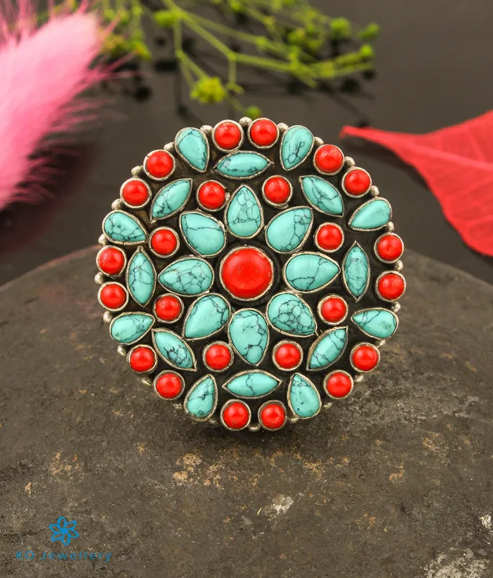 Gemstone Rings The Prisha Silver Gemstone Cocktail FingerringCoralTurquoise