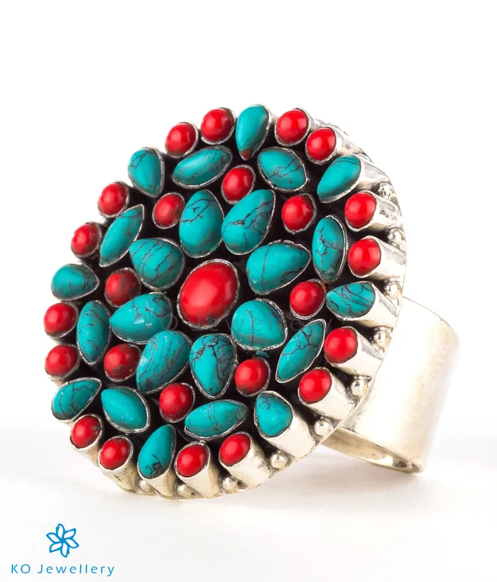 Gemstone Rings The Prisha Silver Gemstone Cocktail FingerringCoralTurquoise