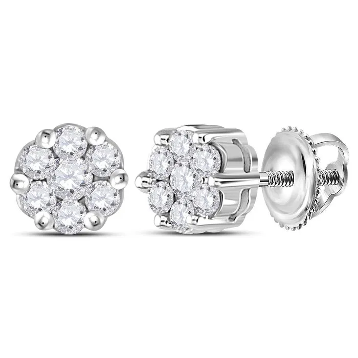 GND Earrings GND 14kt White Gold Womens Round Diamond Flower Cluster Earrings 14 Cttw GND Earrings GND 14kt White Gold Womens Round Diamond Flower Cluster Earrings 14 Cttw