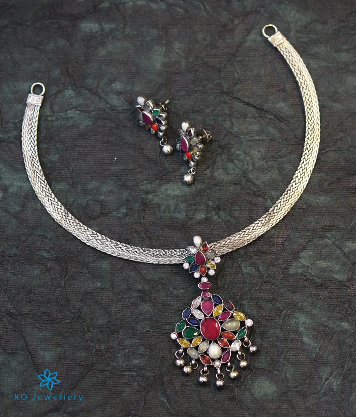 Necklaces The Aham Silver Navaratna Necklace Oxidised Silversmith
