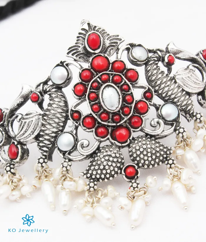 Silversmith Necklaces The Mrinal Silver Peacock Choker Necklace