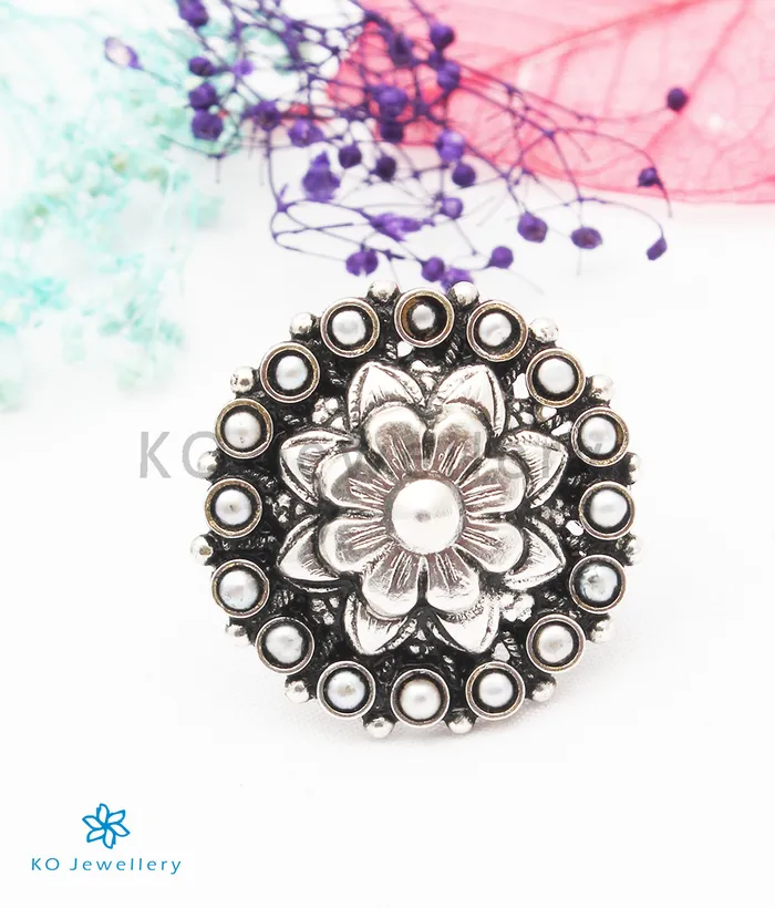 Silversmith Rings The Namita Silver Pearl Finger Ring Oxidised