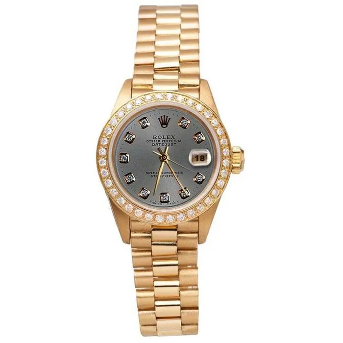 Yg Rolex President Style Watch Gray Diamond Dial Bezel Women GB Watches