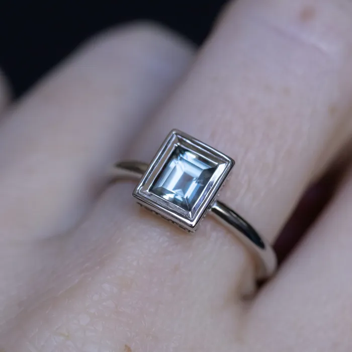 121ct Baguette Cut BlueGrey Spinel and Diamond Low Profile Bezel Hidden Halo Solitaire Ring in Platinum Discovery Gems Rings
