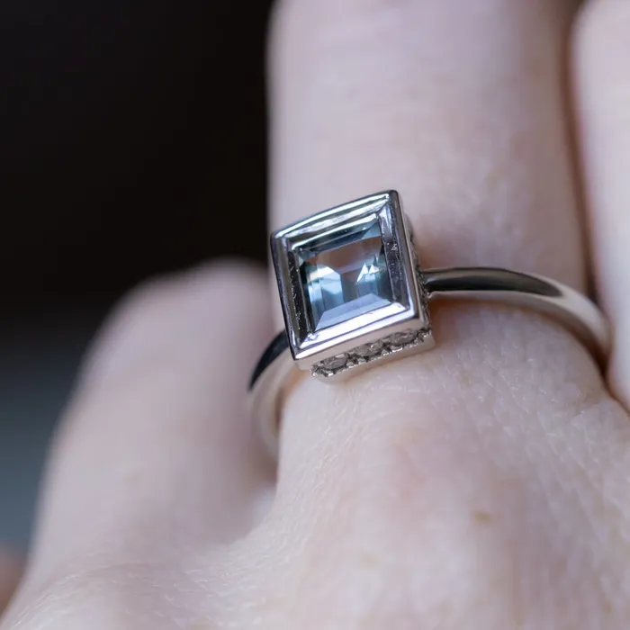 121ct Baguette Cut BlueGrey Spinel and Diamond Low Profile Bezel Hidden Halo Solitaire Ring in Platinum Discovery Gems Rings