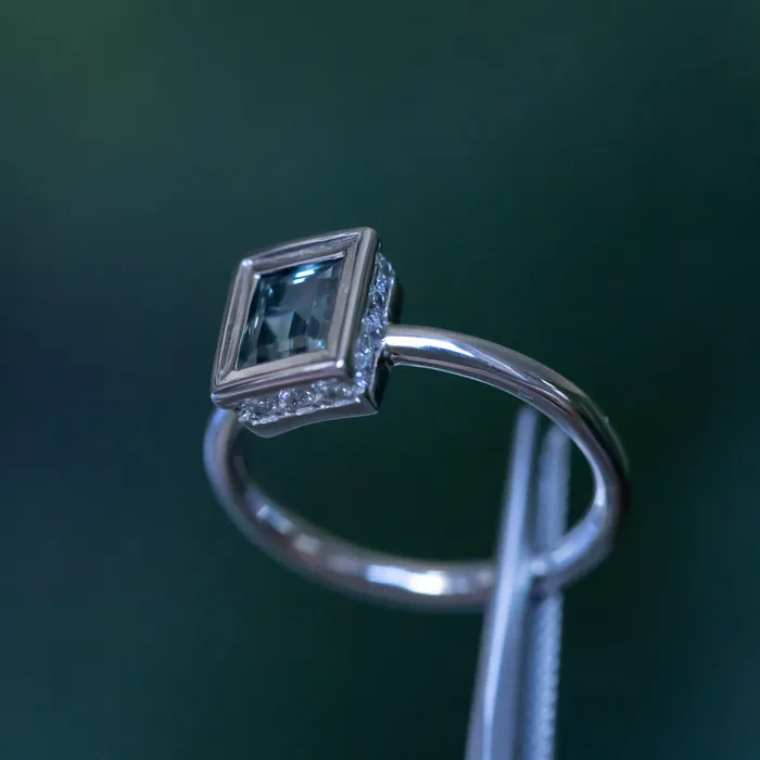 121ct Baguette Cut BlueGrey Spinel and Diamond Low Profile Bezel Hidden Halo Solitaire Ring in Platinum Discovery Gems Rings