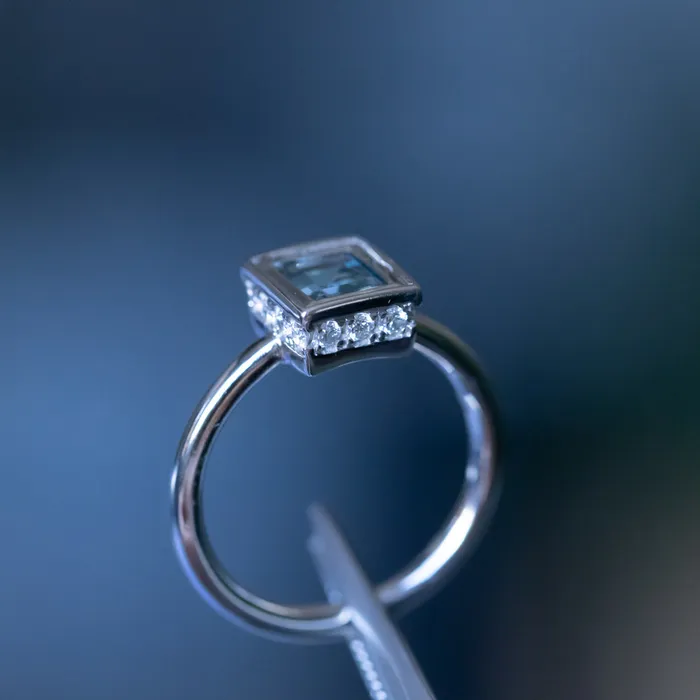 121ct Baguette Cut BlueGrey Spinel and Diamond Low Profile Bezel Hidden Halo Solitaire Ring in Platinum Discovery Gems Rings
