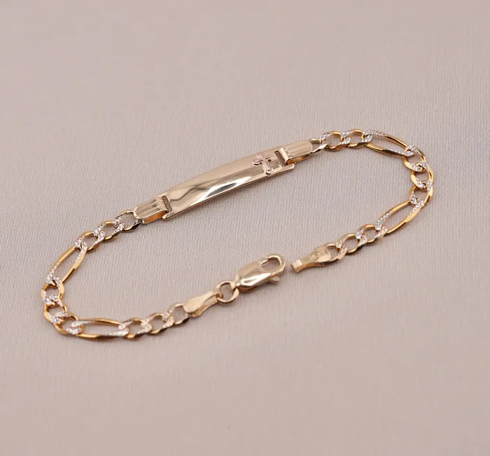 14K Gold Solid Figaro Baby ID Bracelet With White Pave AB899 AB and J Bracelets