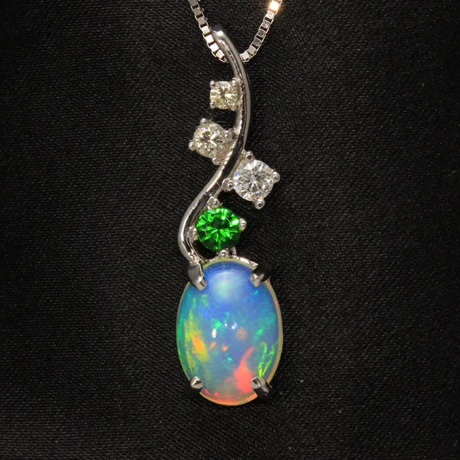 14K White Gold Oval Cabachon Opal Tsavorite and Diamond Pendant Moriartys Gem Art Necklaces