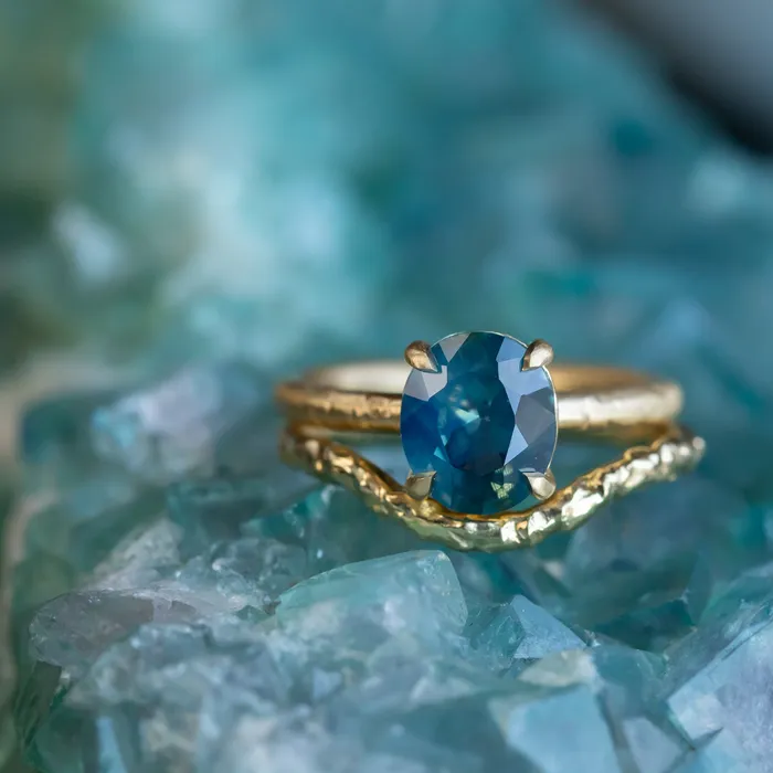 220ct Oval Silky Nigerian Sapphire Low Profile 4 Prong Evergreen Solitaire in 18k Yellow Gold Anueva Jewelry PreStyled Sets