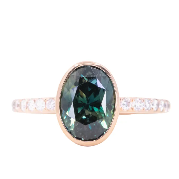 323ct Oval ColorShifting Sapphire Bezel with French Set Diamonds in 18k Rose Gold Anueva Jewelry PreStyled Sets 323ct Oval ColorShifting Sapphire Bezel with French Set Diamonds in 18k Rose Gold Anueva Jewelry PreStyled Sets