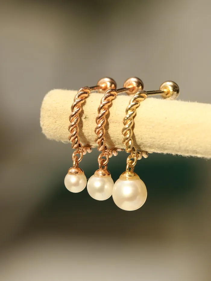Earrings 14K Gold Twisted Pearl Drop Half Ring Piercing Earring 20G18G16G MinimalBijoux