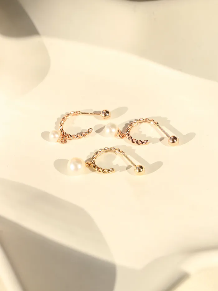 Earrings 14K Gold Twisted Pearl Drop Half Ring Piercing Earring 20G18G16G MinimalBijoux