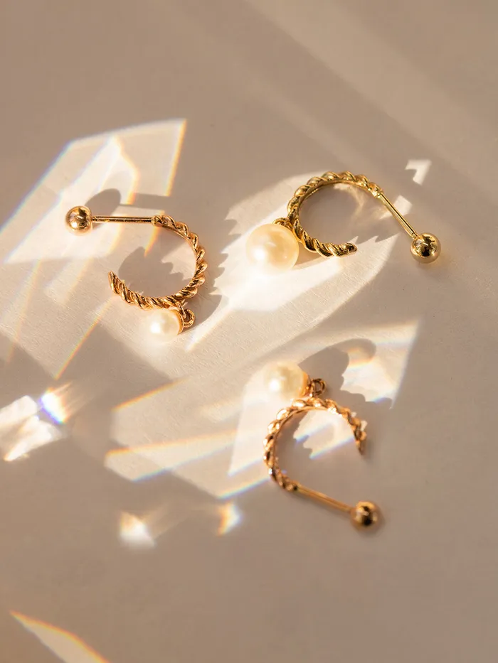 Earrings 14K Gold Twisted Pearl Drop Half Ring Piercing Earring 20G18G16G MinimalBijoux