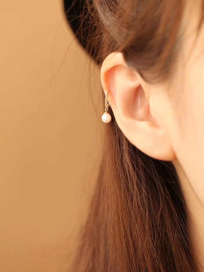 Earrings 14K Gold Twisted Pearl Drop Half Ring Piercing Earring 20G18G16G MinimalBijoux