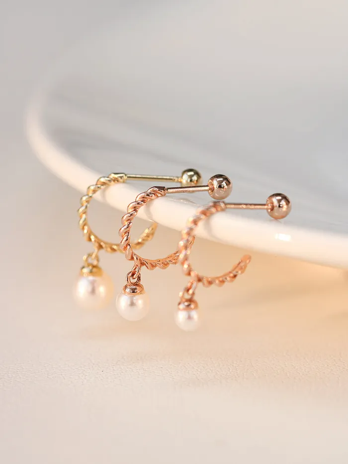 Earrings 14K Gold Twisted Pearl Drop Half Ring Piercing Earring 20G18G16G MinimalBijoux