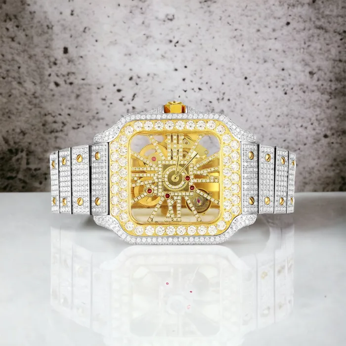 EMPIRE Skeleton Dial Watch Moissanite 195Ct Two Tone Automatic Rings