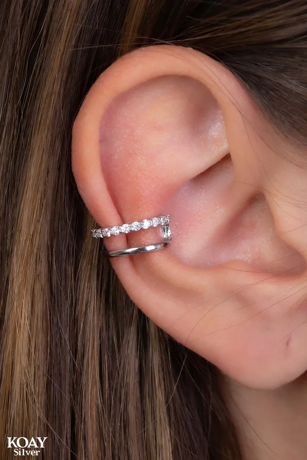 KOAY Silver Store Earrings Double Layer Ear cuff