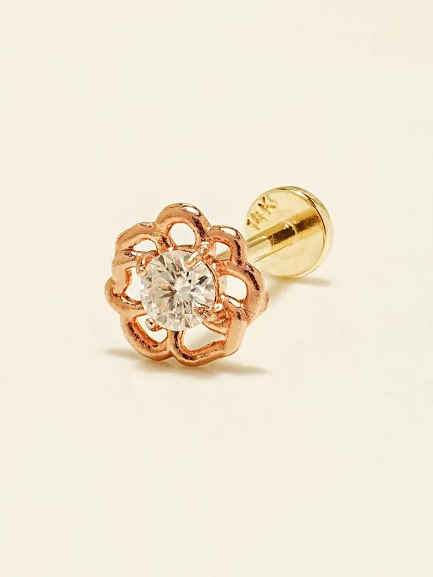 MinimalBijoux Earrings 14K Gold Moissanite Pansy Flower Internally Threaded Labret Piercing 20G18G16