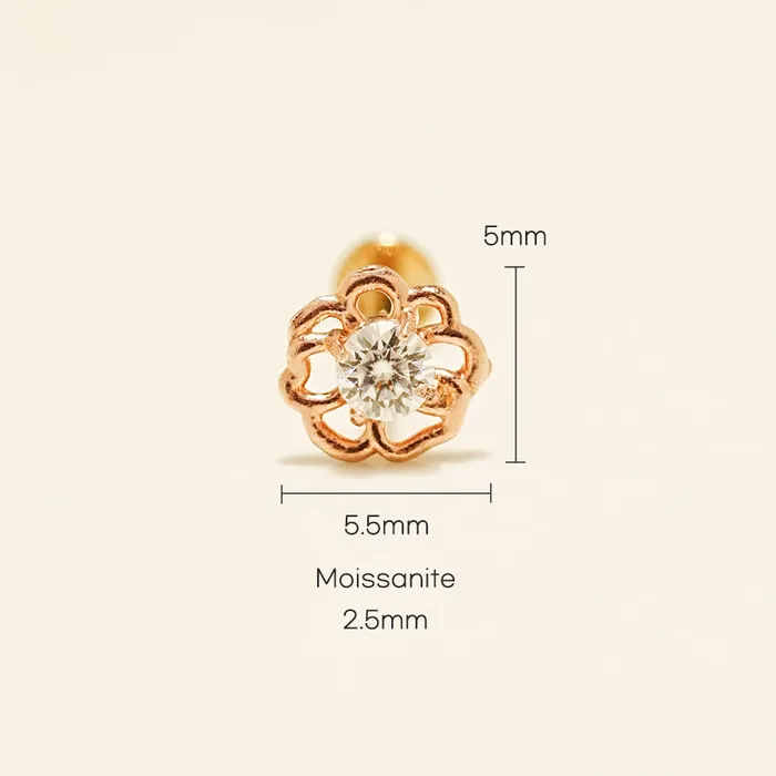 MinimalBijoux Earrings 14K Gold Moissanite Pansy Flower Internally Threaded Labret Piercing 20G18G16