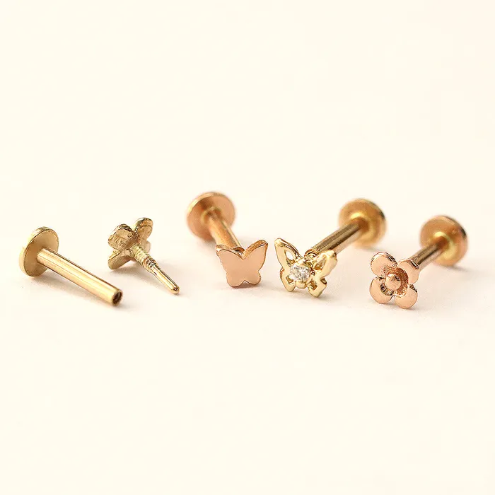 MinimalBijoux PreStyled Sets 14K Gold Mini Butterfly Flower Internally Threaded Labret Piercing 18G16G